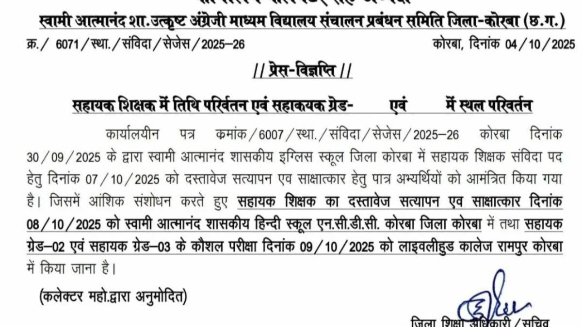  कोरबा आत्मानंद स्कूलों की बहुप्रतीक्षित भर्ती में बड़ा बदलाव, हजारों उम्मीदवारों पर सीधा असर